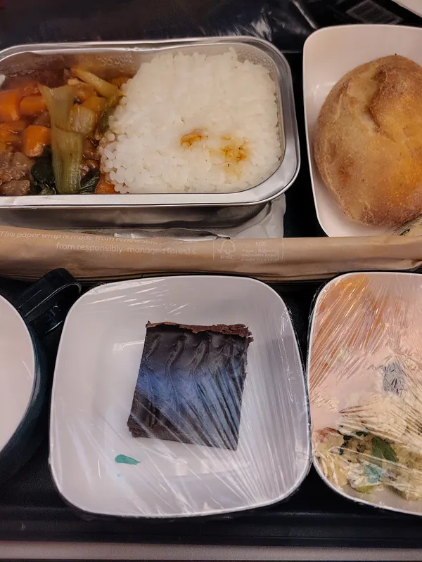 "Rice and spicy beef". Airline dinner on China Air.